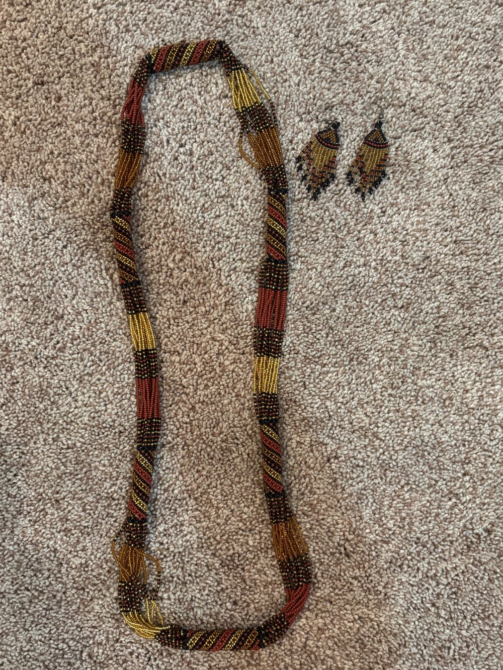 Beaded Multi-Strand Necklace and Drop Earrings - Yellow, Brown, Red